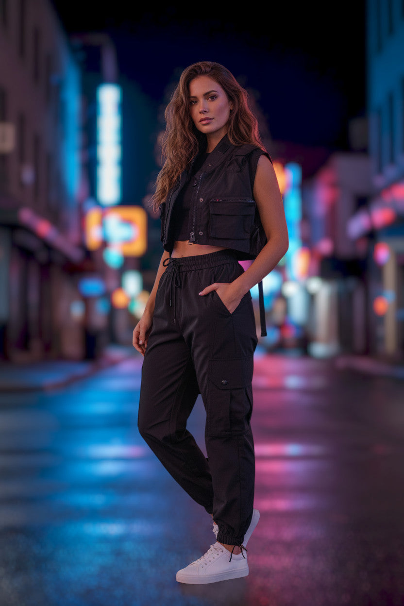 METTLE TWEED black polyester cropped utility vest with multiple pockets and adjustable straps