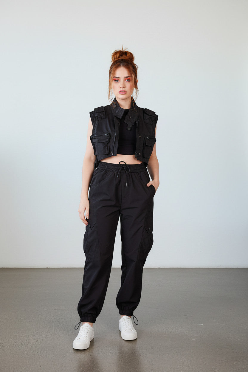 METTLE TWEED black polyester cropped tactical utility vest with multiple zip pockets and adjustable straps.