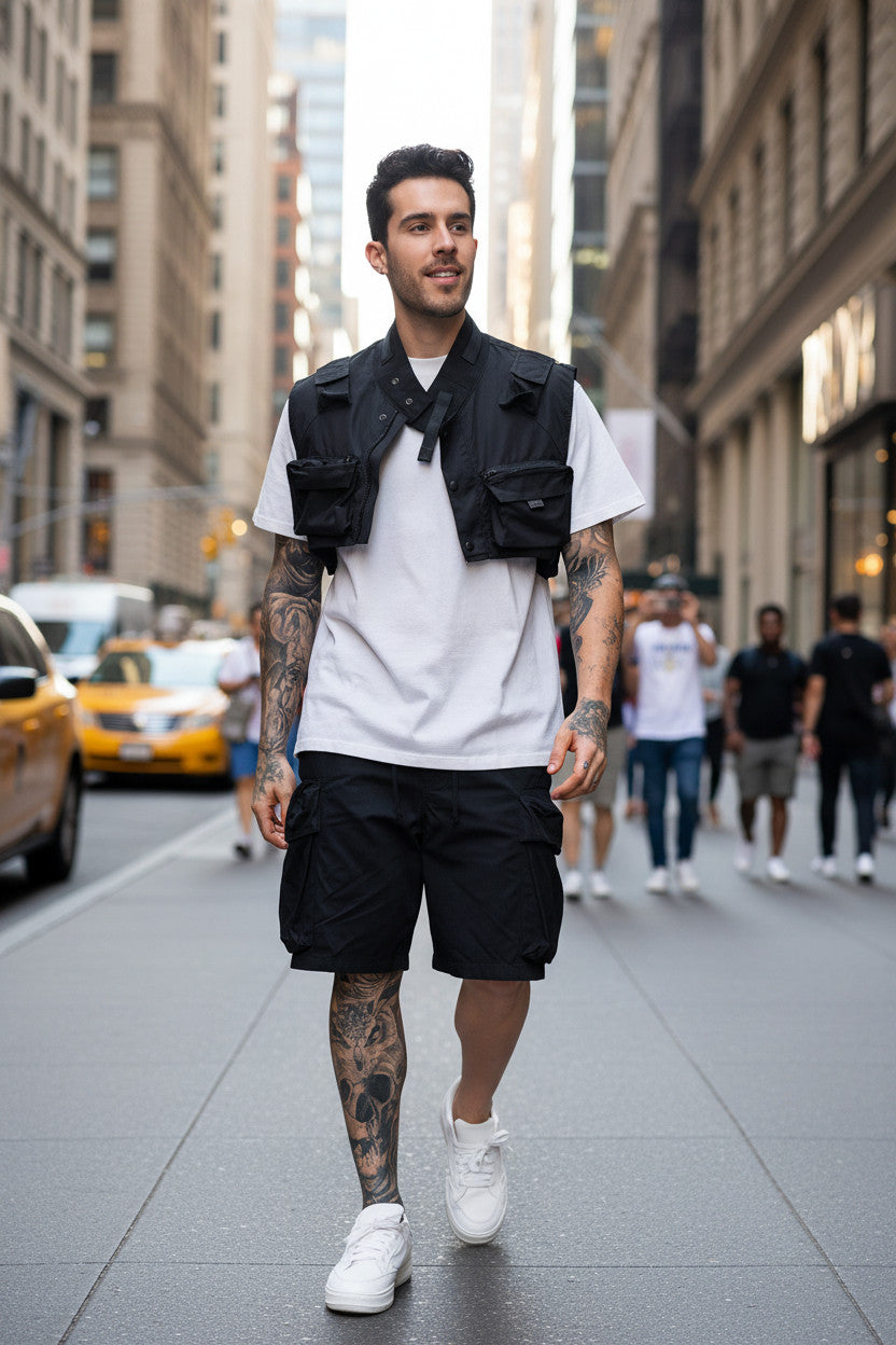 METTLE TWEED black polyester utility vest with multiple zip pockets, worn over a white t-shirt and black shorts.