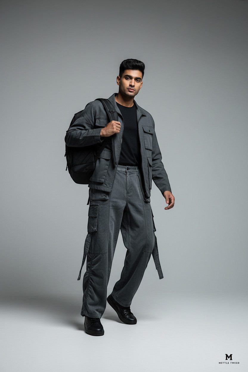 METTLE TWEED grey wide-leg cargo pants with oversized flap pockets and dangling straps.