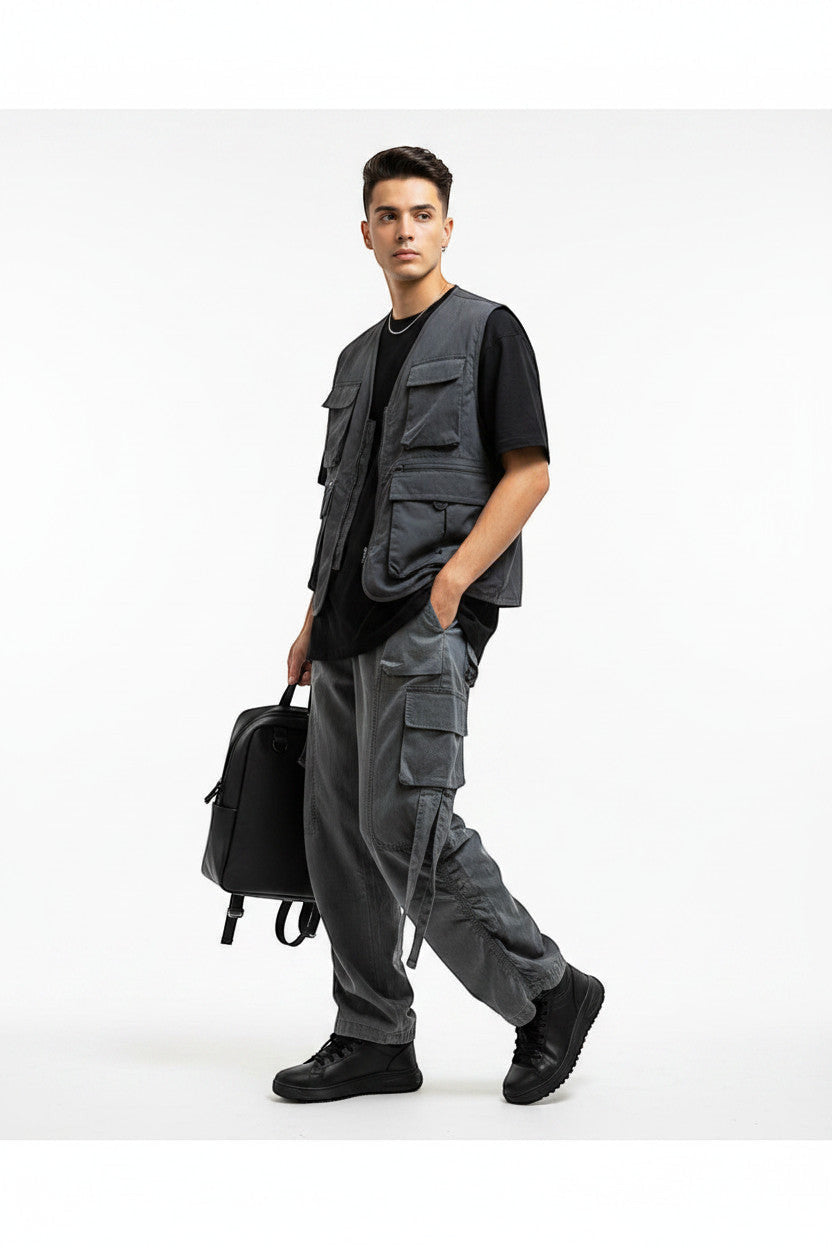 METTLE TWEED Peepal grey wide-leg cargo pants with oversized flap pockets and dangling straps.
